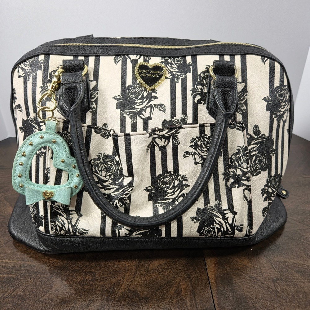 Betsey Johnson Black White Satchel Women Medium Striped Floral Heart Charm